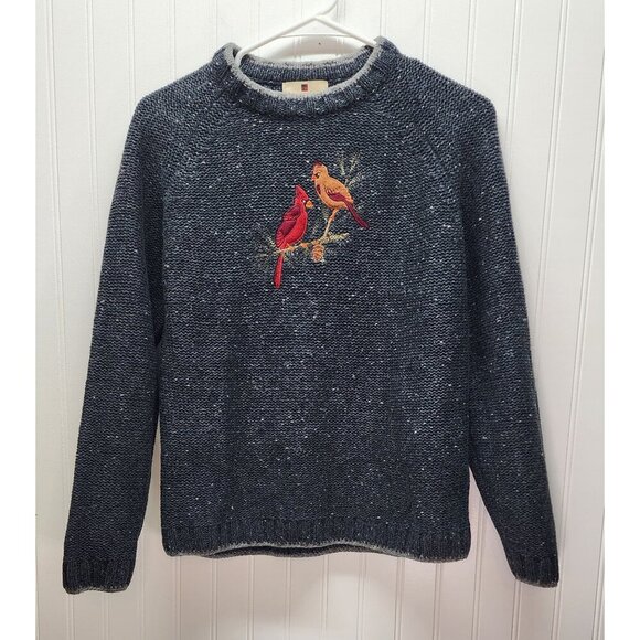 WOOLRICH Vintage Heathered Gray Knit Sweater With Cardinal Bird Embroidery - Picture 1 of 10